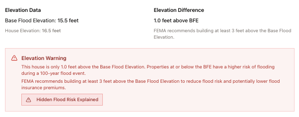 Elevation warning showing property only 1.0 feet above base flood elevation