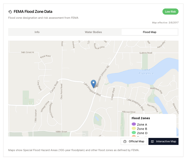 FEMA flood map showing property near water but not in flood zone