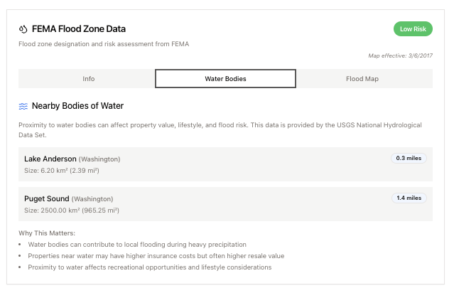 PropertyInsights 101 water proximity analysis showing nearby bodies of water