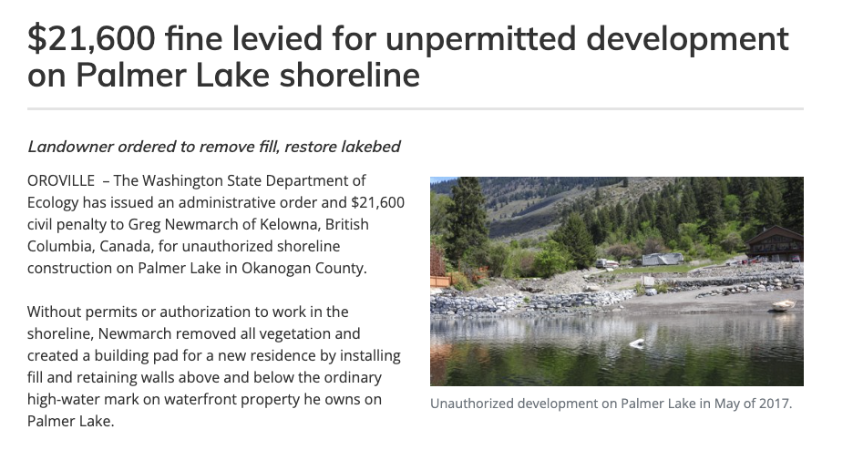 $21,600 fine for unpermitted development on Palmer Lake shoreline